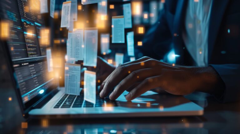 Businessman Using A Computer To Document Management Concept, Online Documentation Database And Digital File Storage System Or Software, Records Keeping, Database Technology, File Access, Doc Sharing.