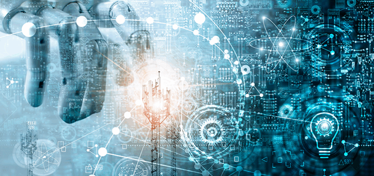 A digital graphic representing a robot hand automating IT processes.