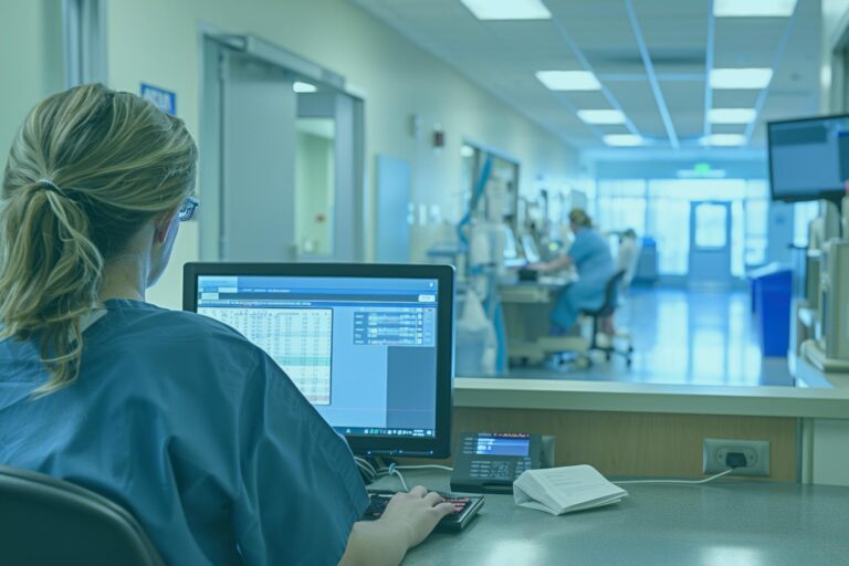 Healthcare professional using digital systems in a hospital environment, illustrating reliable and secure care supported by cyber services.
