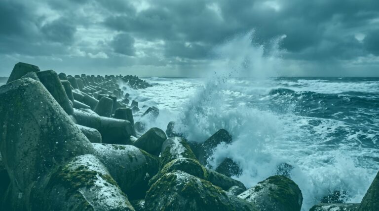 Waves crashing against coastal defences, symbolising resilience and protection under pressure.